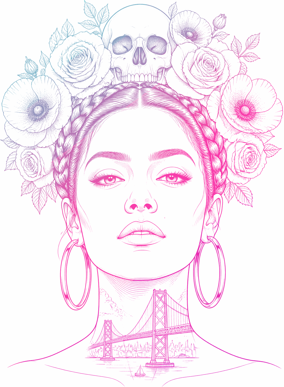 Line drawing of a woman crowned with roses, California poppies and a skull, with the Bay Bridge across her collarbone